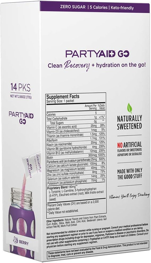 PARTYAID GO! Feel Good Tonight and Tomorrow, Zero Sugar, 5-HTP, B-Complex, Milk Thistle, Electrolytes, No Artificial Flavors or Sweeteners, Caffeine-Free, 14 Count (Pack of 1)