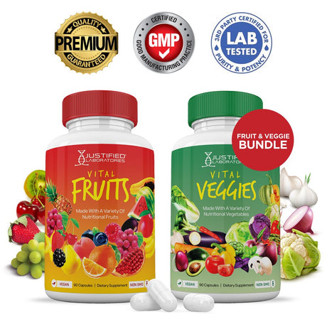 Vital Fruits and Veggies Supplement Red & Green Superfoods Whole Food Non GMO Vegan Friendly 180 Veggie Capsules 2 Bottles