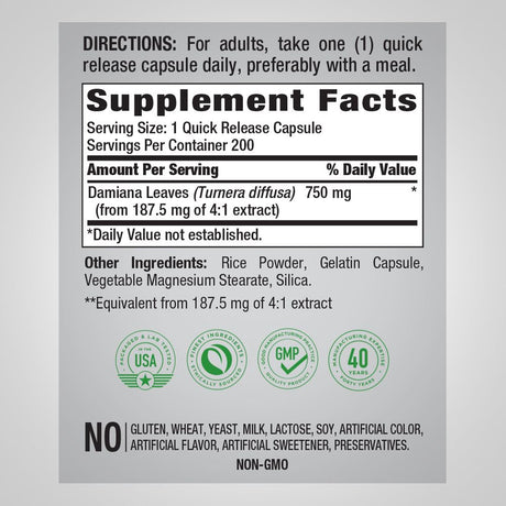 Damiana Leaves 750 Mg | 200 Quick Release Capsules | Non-Gmo, Gluten Free | by Piping Rock