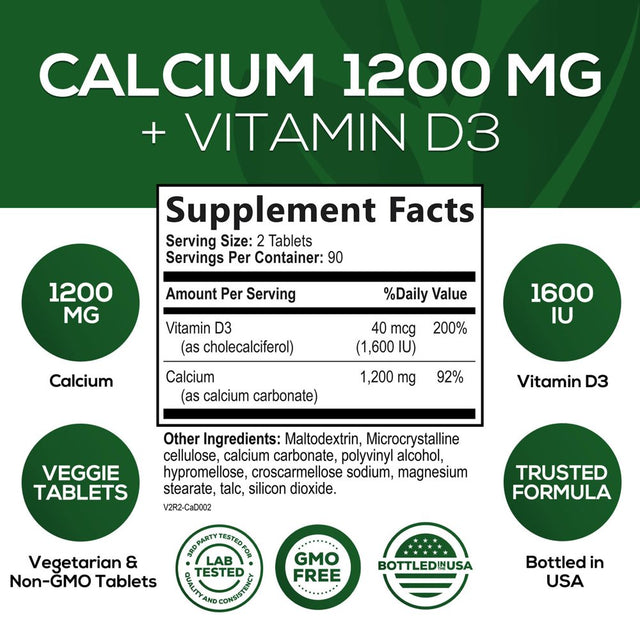 Nature'S Calcium 1200 Mg with Vitamin D3, Bone Health & Immune Support for Women & Men, Calcium Supplement Made with Extra Strength Vitamin D for Carbonate Absorption Dietary Supplement - 180 Tablets