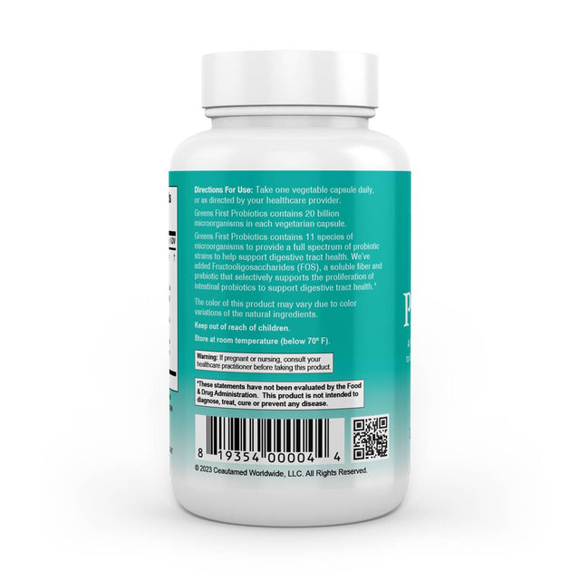 Greens First Probiotics - 20 Billion CFU of Beneficial Bacteria - FOS Soluble Fiber - Supports Gut, Digestive Health, and Skin Appearance - 30 Servings/Capsules