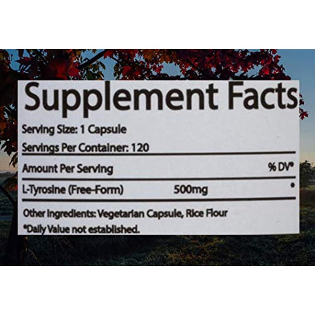 L-Tyrosine 500Mg - Best Tyrosine Supplement - Pure, Natural, and Vegan Amino Acid - Supports Healthy Brain Function, Stress, and Mood, plus Optimum Mental Clarity, Alertness, and Energy - 120 Capsules