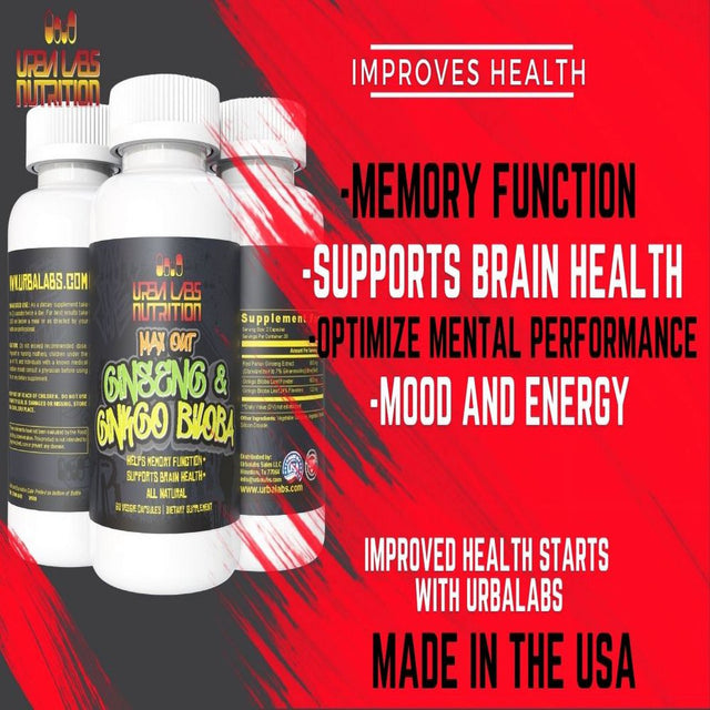 Urbalabs Max Out Ginseng & Ginkgo Biloba Focus Supplement Pills Mood & Memory Support Super Nootropic Booster