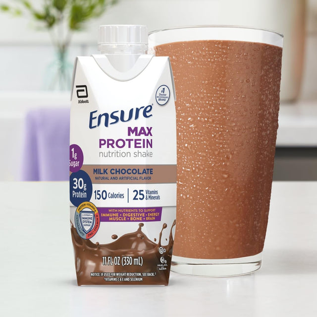 Ensure Max Protein Milk Chocolate Nutrition Shake, 30G Protein, 1G Sugar, 4G Comfort Fiber Blend, 12 Pack