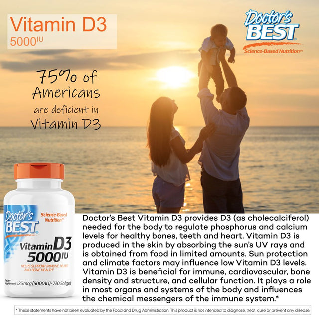 Doctor'S Best Vitamin D3 5000IU, Non-Gmo, Gluten Free, Soy Free, Regulates Immune Function, Supports Healthy Bones, 720 Softgels