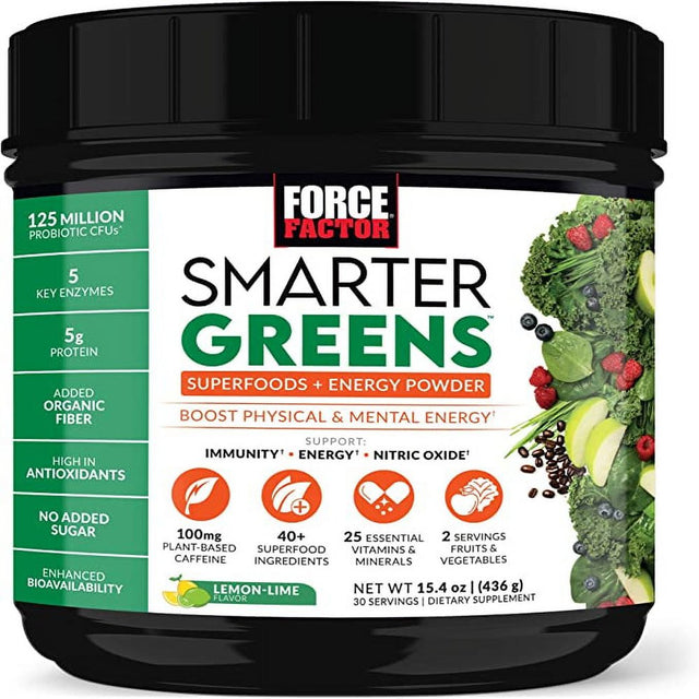 Smarter Greens Superfoods + Energy Powder, Greens Powder with Plant-Based Caffeine, Probiotics, and Digestive Enzymes, Superfood Powder to Boost Energy and Support Immunity, Force Factor, 30 Servings