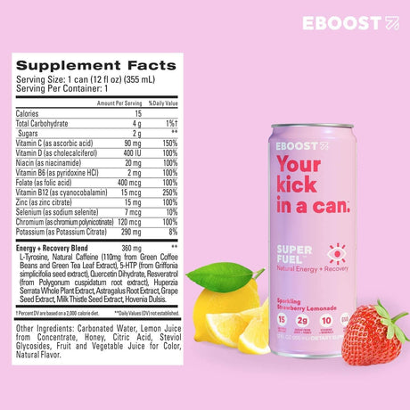 EBOOST Super Fuel Natural Nootropic Energy Drink | Electrolytes + Vitamins (B12) + Milk Thistle | Sports Preworkout Drink, Healthy Mixer, Travel, Work/Study (12 Fl Oz, 24 Pack) (Strawberry Lemonade)