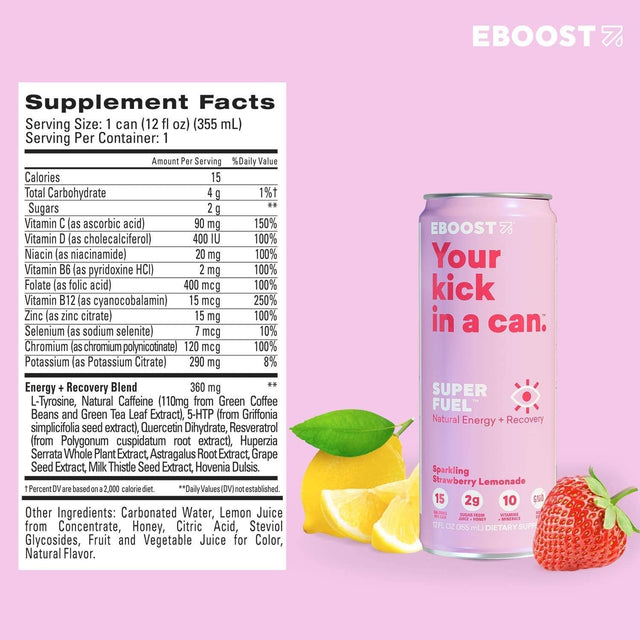 EBOOST Super Fuel Natural Nootropic Energy Drink | Electrolytes + Vitamins (B12) + Milk Thistle | Sports Preworkout Drink, Healthy Mixer, Travel, Work/Study (12 Fl Oz, 24 Pack) (Strawberry Lemonade)