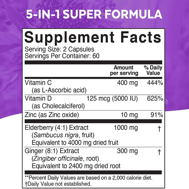 Elderberry, Vitamin C, Zinc, Vitamin D 5000 IU & Ginger Immune Support Supplement, 2 Month Supply (120 Capsules) - 5 in 1 Daily Immune Support for Adults