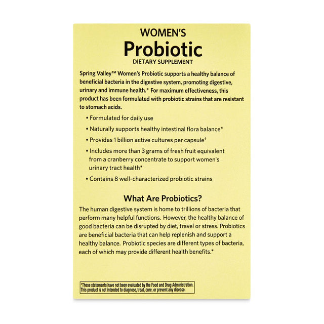 Spring Valley Women'S Probiotic Dietary Supplement Vegetarian Capsules for Digestive Health, Cranberry, 60 Count Value Size