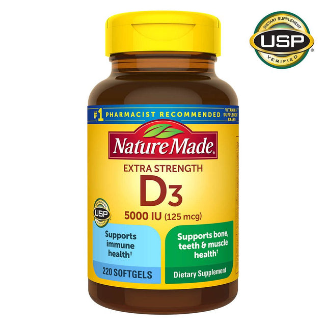 Nature Made Extra Strength Vitamin D3 125 Mcg, 5000 IU 220 Softgels USP Verified