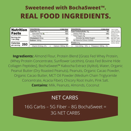 Bochasweet Keto Protein Bar, Chocolate Peanut Butter Bochabar, 21G Grass Fed Collagen, Low Carb, Keto-Friendly, Gluten Free, 12 Count