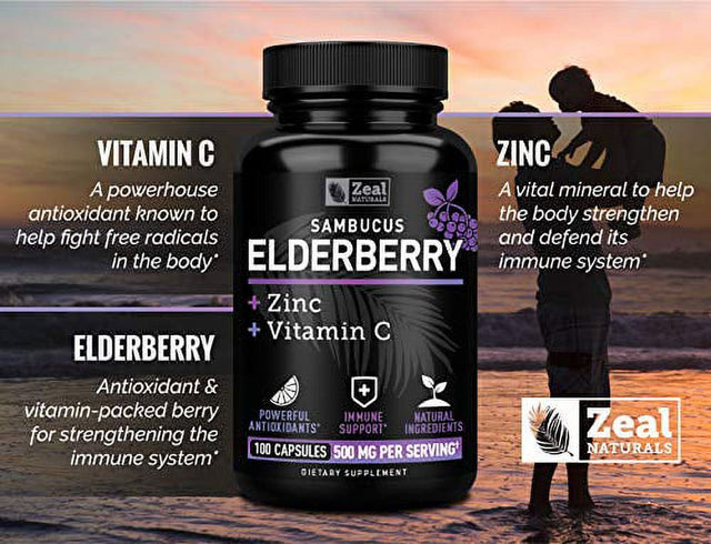 Sambucol Black Elderberry Capsules +Vitamin C with Zinc (100 Count | 500Mg) Elderberry Capsule with Elderberry Zinc and Vitamin C - 3-In-1 Immune Booster for Adults Elderberry Pills