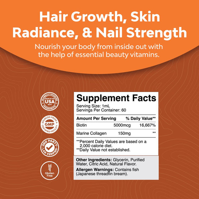 Collagen Biotin Drops for Hair Growth - Liquid Collagen for Women and Men with Biotin 5000Mcg per Serving - Liquid Biotin for Hair Growth with Marine Collagen for Fast Thick Hair Regrowth