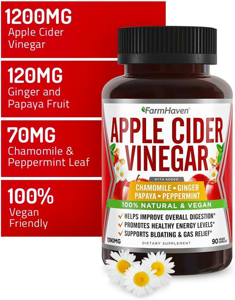 Apple Cider Vinegar Capsules with Ginger, Papaya & Chamomile | 1390Mg | Improves Digestion, Energy, Immunity | Soothes Gas & Bloating Issues | like with Mother | Non-Gmo & 100% Natural | 90 Capsules