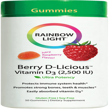 Rainbow Light Vitamin D3 Dietary Supplement Gummies, Raspberry, 2500 IU, 50 Count