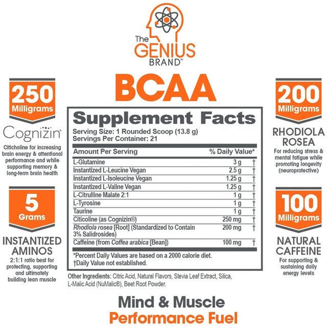 BCAA Powder with Nootropic Benefits ,Natural Amino Energy & Muscle Recovery Supplement, Vegan , Grape Limeade, Genius BCAA by the Genius Brand