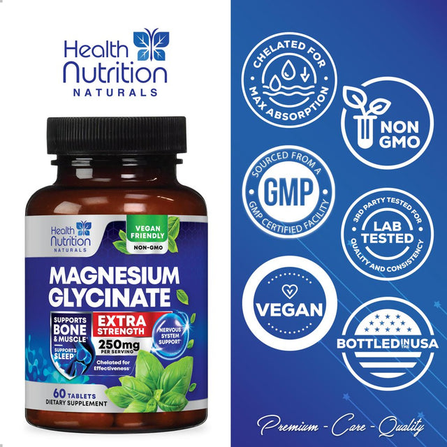 Magnesium Glycinate 250 Mg - Natural, High Absorption Magnesium Tablets Chelated for Muscle, Nerve, Bone & Heart Health Support - Gentle Form, Non-Gmo, Gluten Free, Vegan Supplement - 60 Tablets