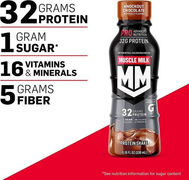 Muscle Milk Pro Advanced Nutrition Protein Shake, Knockout Chocolate, 11.16 Fl Oz (Pack of 12), 32G Protein, 1G Sugar, 16 Vitamins & Minerals, 5G Fiber, Workout Recovery, Energizing Snack, Packaging May Vary