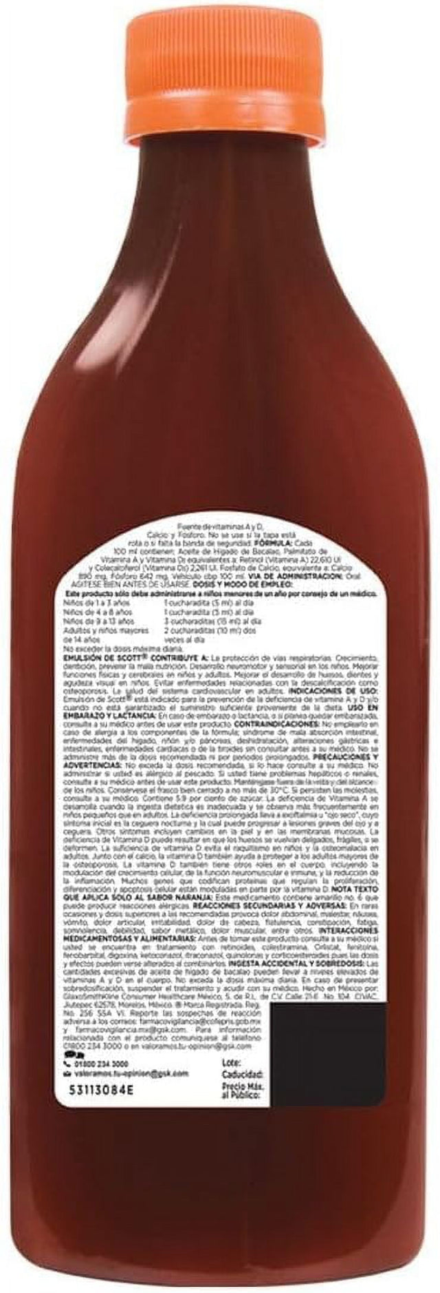 Scott Emulsion Orange Flavor - Family Size 400Ml - Vitamin Supplement Rich in Cod Liver Oil, Vitamins a and D, Calcium and Phosphorus - Emulsion Scott Naranja (2 PACK)