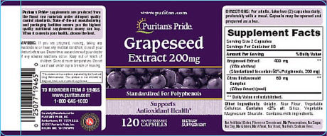 Puritans Pride Grapeseed Extract 200 Mg Capsules, 120 Count