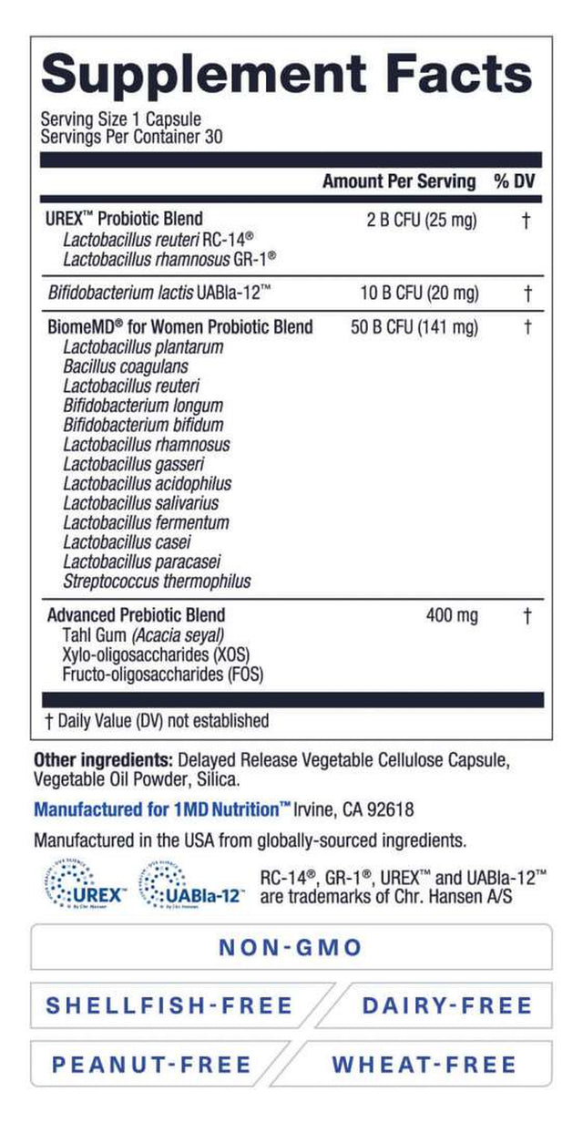 1MD Nutrition Biomemd Probiotics for Women | Digestive Supplement with 62 Billion Cfus & Prebiotics | 30 Capsules