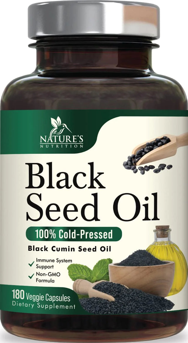 Black Seed Oil Capsules 1000Mg - Vegan Cold-Pressed Nigella Sativa Black Seed Oil, Nature'S Pure Black Cumin Seed Oil for Immune, Hair and Brain Support, Non-Gmo - 180 Capsules