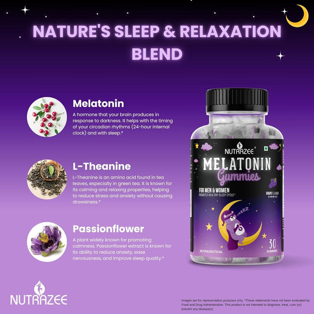 Nutrazee Melatonin Gummies 5Mg Supplement| No Added Sugar | Better & Restful Sleep | L-Theanine & Passionflower Extract | 30 Gummies