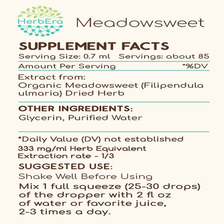 Meadowsweet Alcohol-Free Herbal Extract Tincture, Super-Concentrated Organic Meadowsweet (Filipendula Ulmaria) Dried Herb 2 Oz