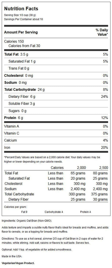 NOW Foods, Organic Oat Bran, Source of Fiber and Protein, USA Grown, 14-Ounce (Packaging May Vary)