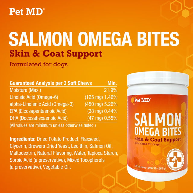 Pet MD Salmon Oil Omega 3 for Dogs - Advanced Allergy & Itch Relief for Dogs - Omega 3 & 6, EPA & DHA, Fish Oil Omega 3 Soft Chews - 120 Count