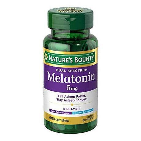 Natureâ€™S Bounty Melatonin 5Mg Dual Spectrum, 100% Drug Free Sleep Supplement, Quick Release and Extended Release, Promotes Relaxation and Sleep Health, 60 Bi-Layer Tablets