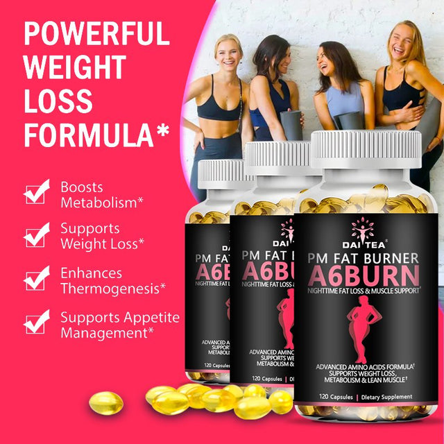 A6Burn,Nighttime Fat Burner, Appetite Suppressant, Lean Muscle Support, Metabolism Booster Diet Supplement-60Capsules