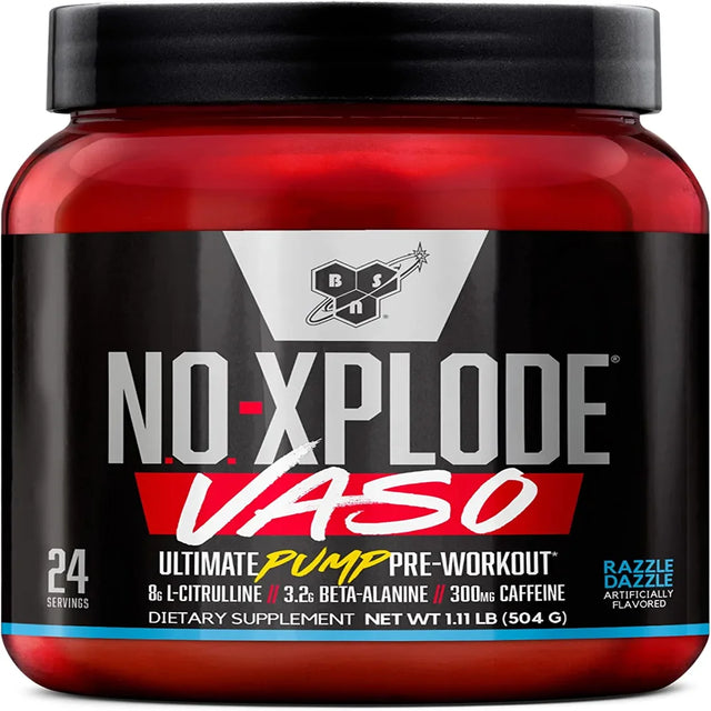 BSN N.O.-XPLODE Vaso Pre Workout Powder with 8G of L-Citrulline and 3.2G Beta-Alanine and Energy, Flavor: Razzle Dazzle, 24 Servings