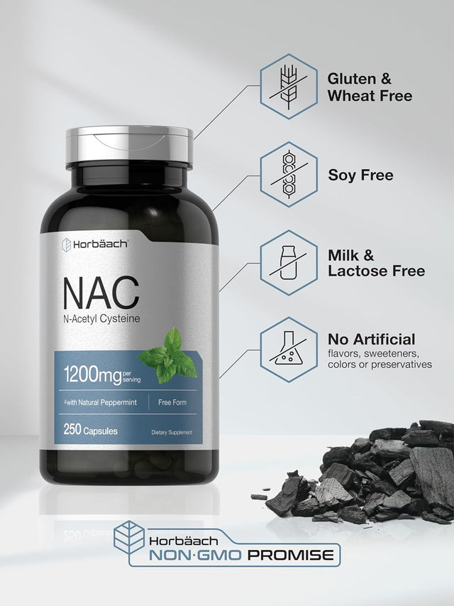 NAC N-Acetyl Cysteine Supplement 1200Mg | 250 Capsules | with Natural Peppermint | Non-Gmo, Gluten Free | by Horbaach