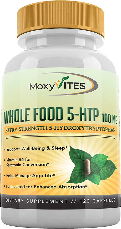 5HTP 100Mg Supplement, plus B6, 5 HTP Organic Whole Food - Best Serotonin Booster - Non-Gmo, 120 Vegan Capsules