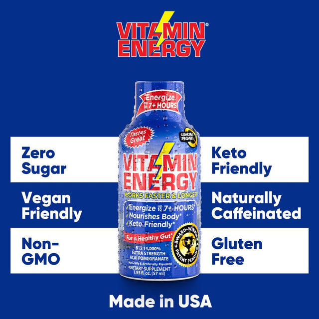 Vitamin Energy B12 Energy Shots | Natural Healthy Energy & Focus Drink | Sugar-Free Carb-Free Supplement | Vitamins B6, B12 | Energize up to 7+ Hours | Acai Pomegranate - 1.93 Fl Oz - Pack of 12