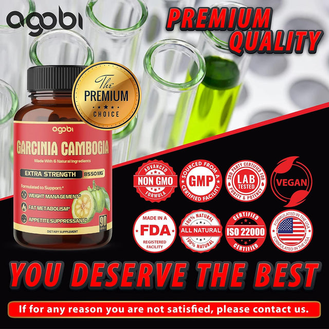 Agobi Pure Garcinia Cambogia Capsules 8550Mg - 6In1 with Green Tea, Arjuna, Garlic Bulb, Turmeric & Black Pepper - Weight Support Supplement - Appetite Suppressant - 90 Counts