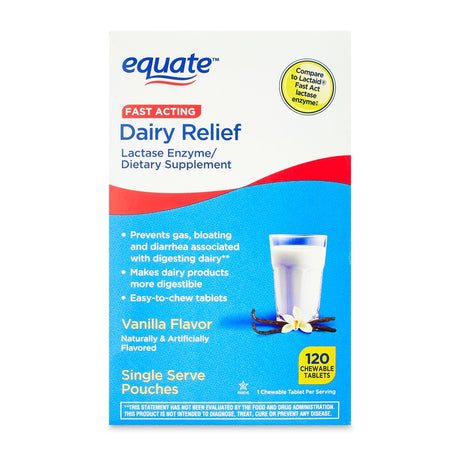 Equate Dairy Relief Chewable Tablet Dietary Supplement, Vanilla Flavor, over the Counter, 120 Count