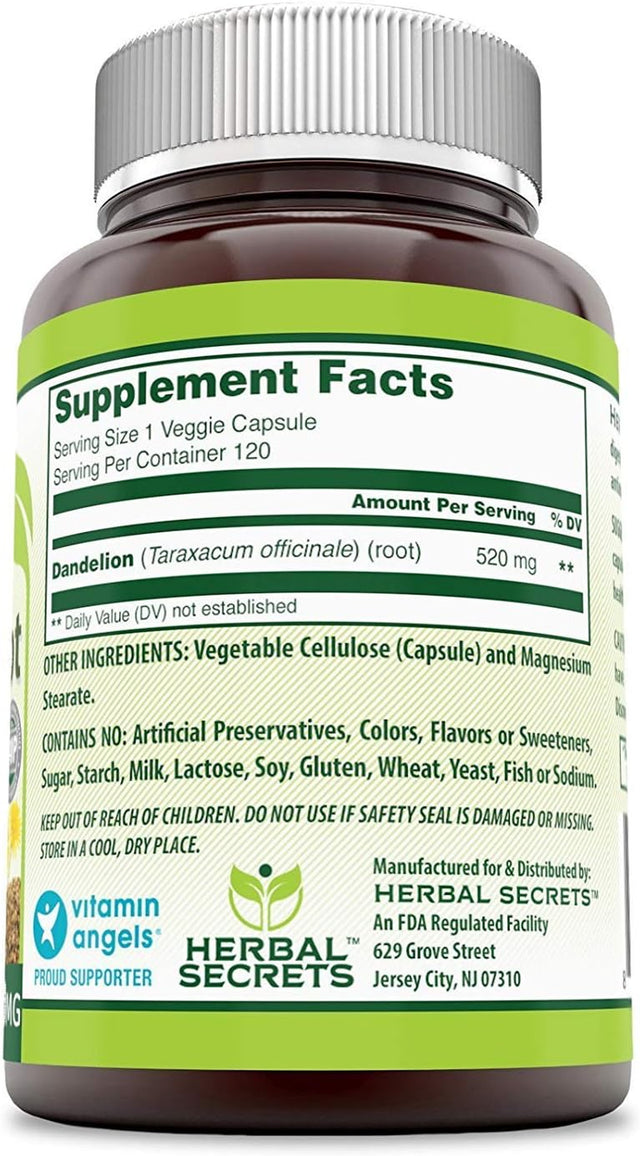 Herbal Secrets Dandelion Root 520 Mg 120 Veggie Capsules (Non-Gmo) - Improve Gastrointestinal Health, Reduces Throat Inflammation, (Pack of 3)