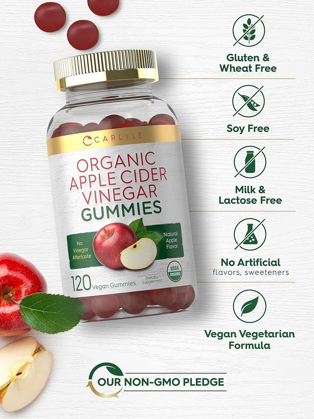 Carlyle Organic Apple Cider Vinegar Gummies | 120 Count | USDA Certified Organic | Vegan, Non-Gmo & Gluten-Free ACV Gummies | Natural Apple Flavor