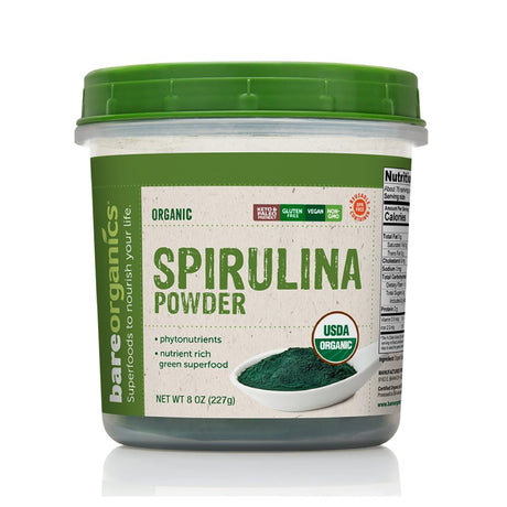 Bare Organics 13132 USDA Organic Raw Spirulina Powder, Whole Food Supplement, Gluten-Free & Non-Gmo, 8 Ounce