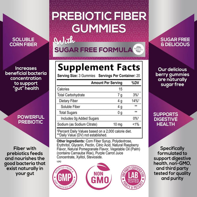 Sugar-Free Fiber Supplement Gummies for Adults - 4G Soluble Fiber per Serving - Natural Prebiotic Fiber Gummies Support Daily Digestive Health & Regularity - Plant Based & Berry Flavor - 60 Gummies