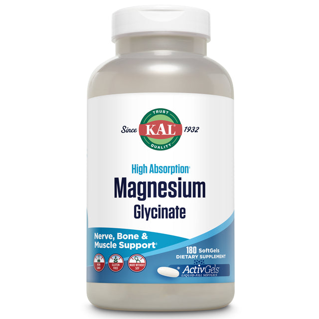 KAL Magnesium Glycinate Activgels 315Mg, Fully Chelated, High Absorption Magnesium Supplement for Relaxation, Muscle & Bone Health Support‡, Non-Gmo, Gluten Free, 60 Servings, 180 Softgels