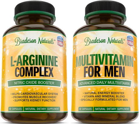 Men'S Multivitamin + L-Arginine & L-Citrulline Supplement, 2 Bottles Bundle. Improves Cardiovascular & Prostate Health. Antioxidant & Natural Energizer + Speeds up Workout Recovery. Vital & Natural Am