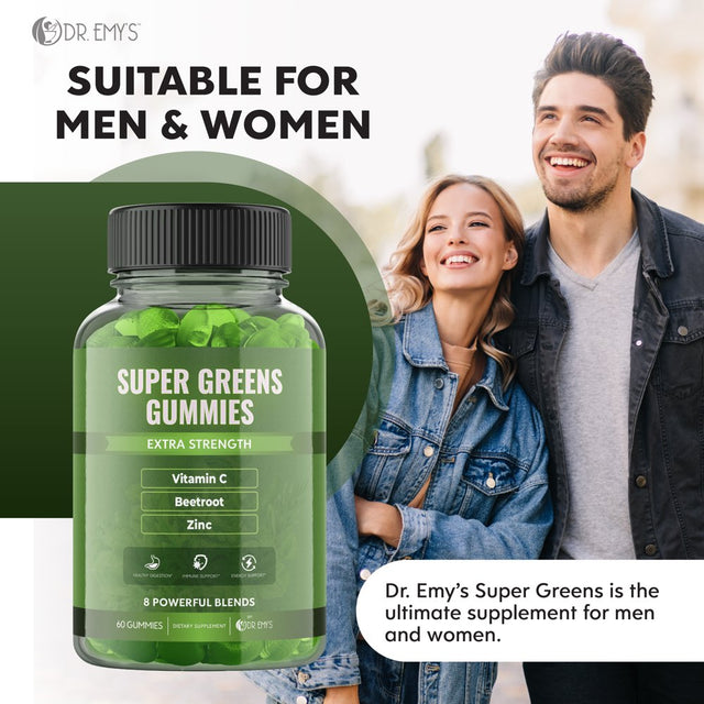 Dr. Emy'S Super Greens Gummies 8 Powerful Blends Support Healthy Digestion & Immune Support Gummy Supplement Super Food for Kids & Adults Vegan Natural Rasberry Flavor Daily Vitamin 60 Ct Each