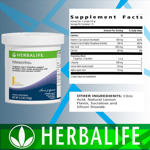 Herbalife Niteworks 15 Servings 150G (Lemon) Naturally Flavored: with L-Arginine and L-Citruline