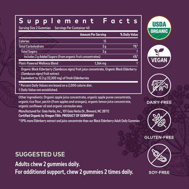 Gaia Herbs Black Elderberry Extra Strength Gummies - 40 Gummies (Up to 20-Day Supply)