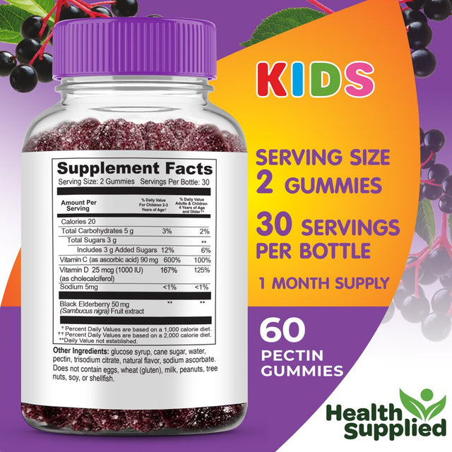 Health Supplied Sambucus Black Elderberry Gummies for Kids | Triple Immune Support | Elderberry plus Vitamin C & D