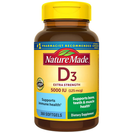 Nature Made Extra Strength Vitamin D3 5000 IU Softgels (125 Mcg), 360 Count for Bone Health? Value Size (Packaging May Vary)